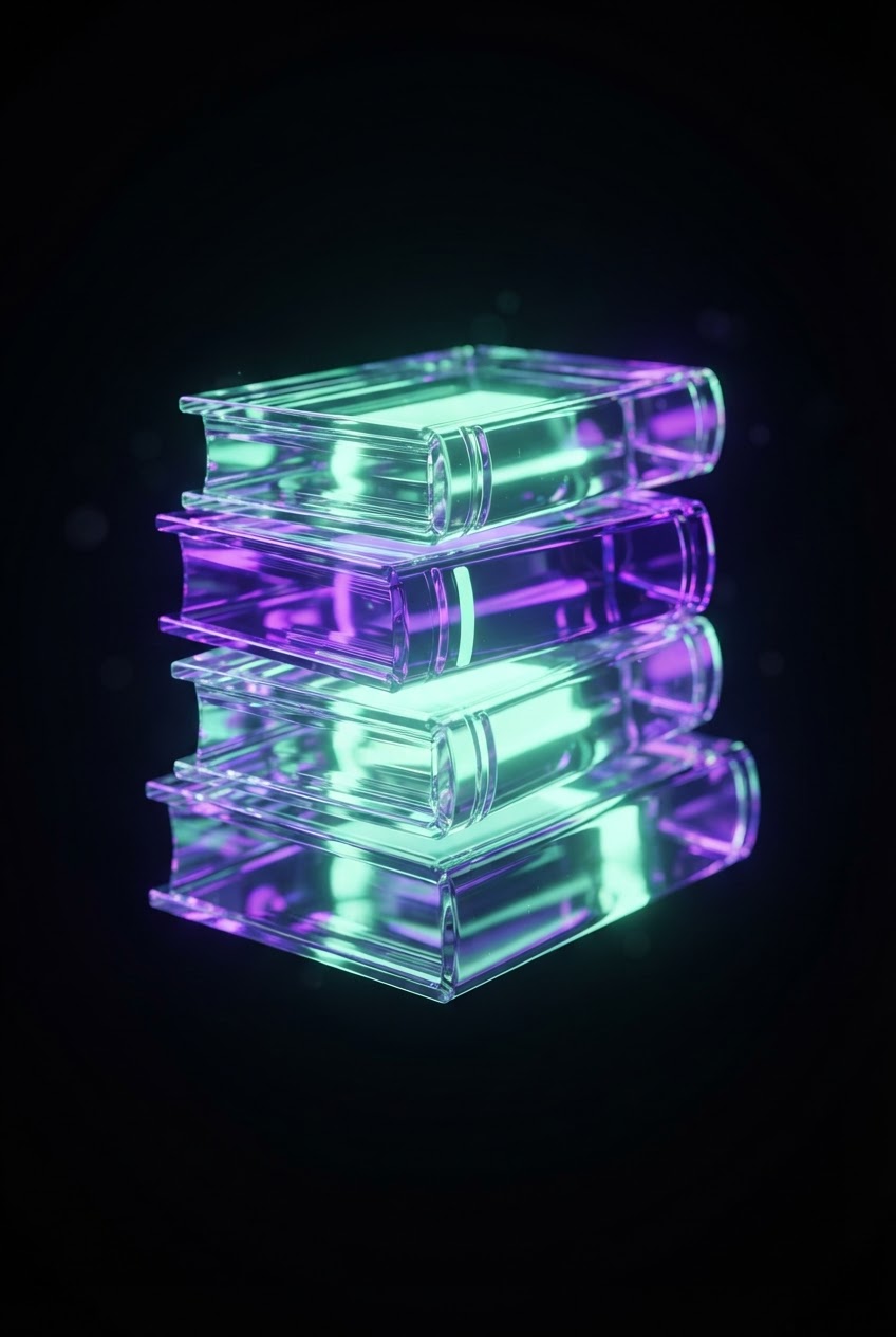 Pilha de eBooks em vidro com brilho neon verde e roxo